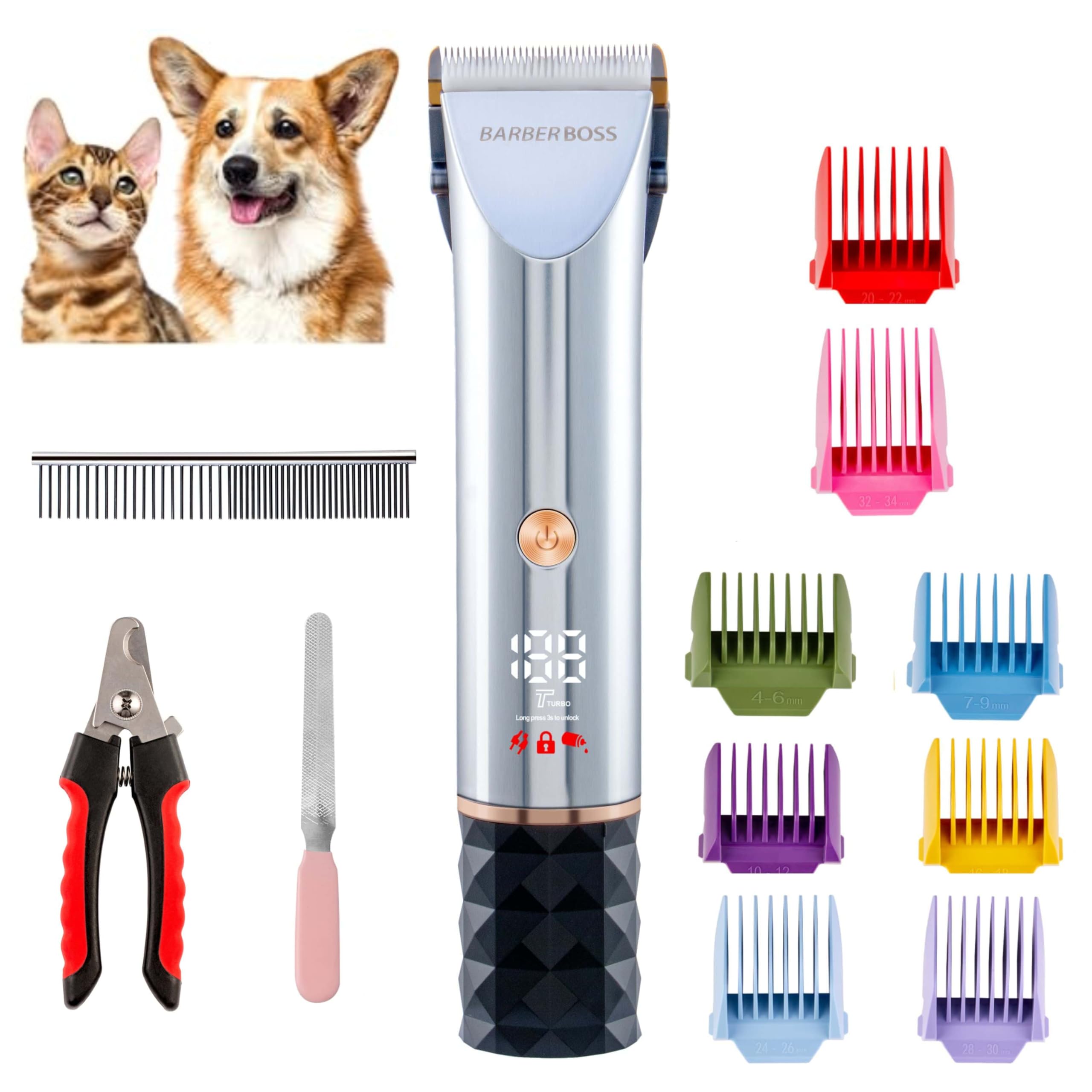 BarberBoss Professional Dog Grooming Kit, Dog Clippers, Cordless Low Noise Clippers for Thick Fur, Ceramic Blades, 8 Guide Combs, Rechargeable with USB Charging, LED Display