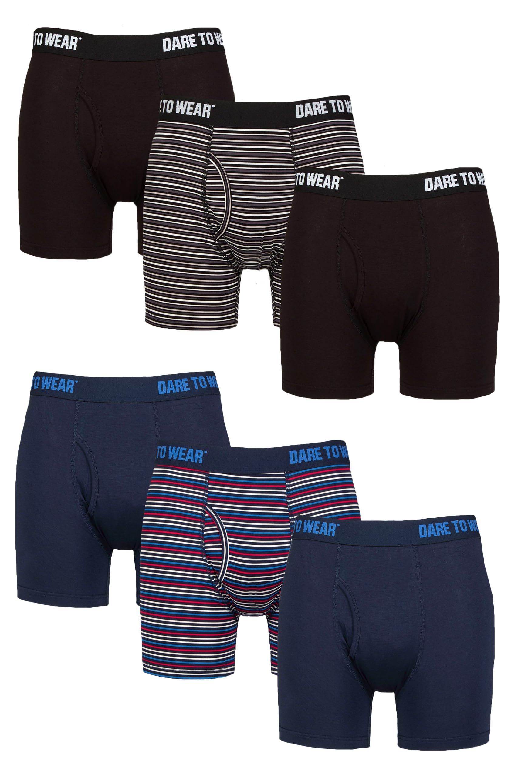 Sockshop Men's Black Navy Dare To Wear Boxers - Plain And Striped Soft Breathable Bamboo Keyhole Boxer Shorts In 6 Pair Multipack Xl