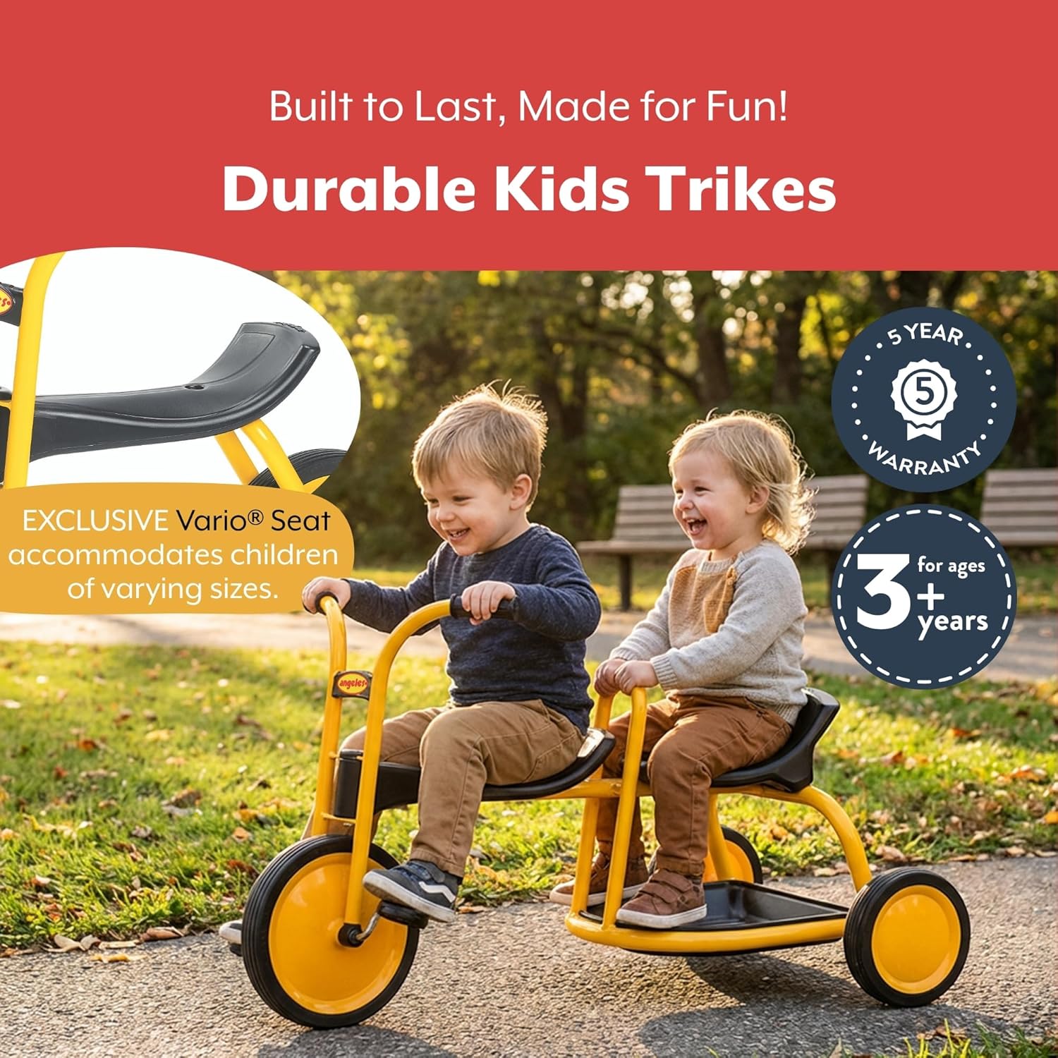 Angeles MyRider Kids Tricycle, Toddler Tricycle with Solid Airless Rubber Tires, Kids Bike for Preschools and Daycare, Tandem Bikes for Ages 3+, 15" Tall Seat