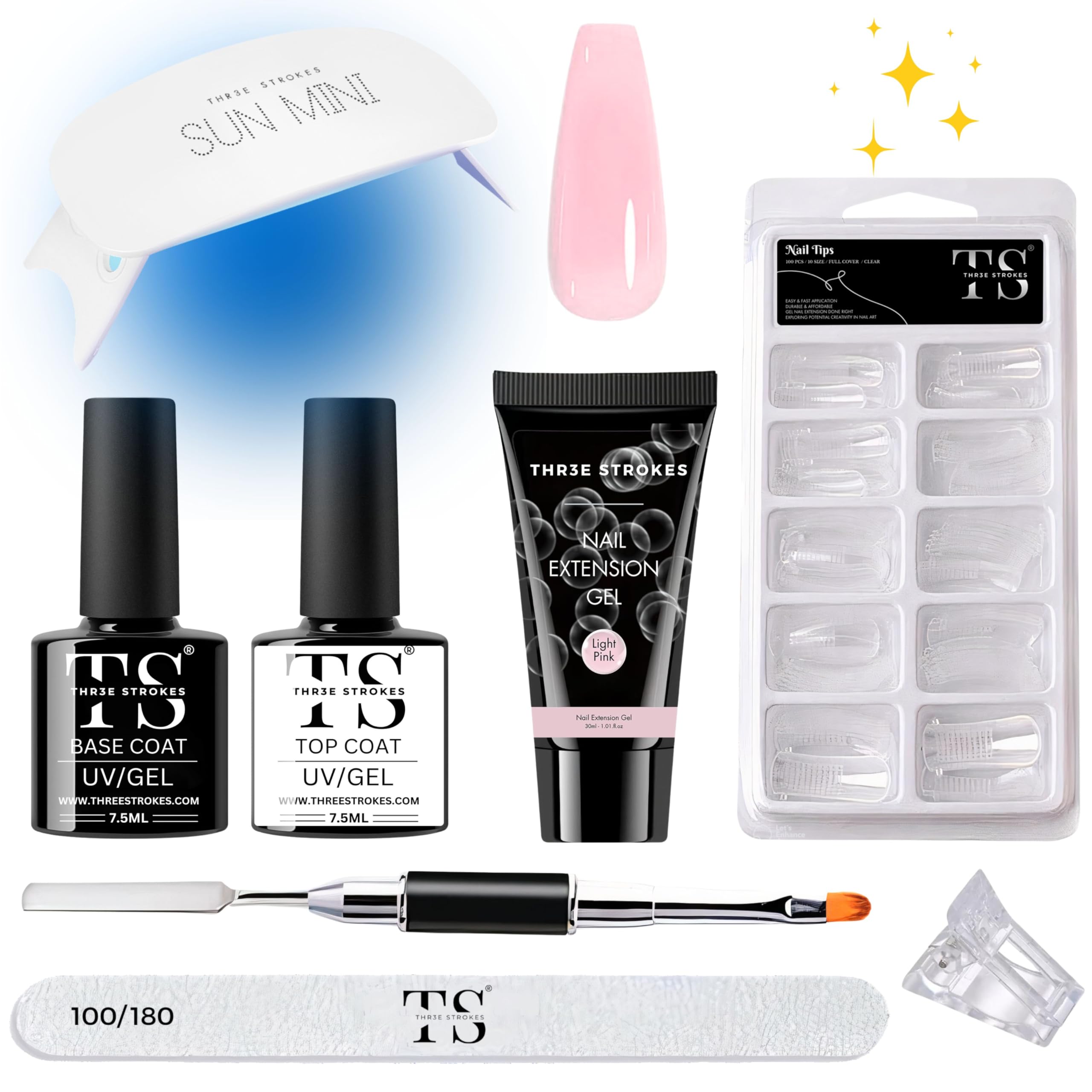 THR3E STROKES NAIL ART KIT POLYGEL NAIL EXTENTION KIT for Builder Gel UV Nail Art Kit Nail Extension Set WITH TOP AND BASE COAT (TB KIT) (LIGHT PINK)-image-16