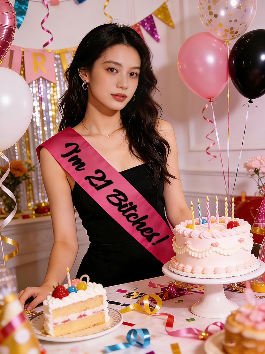 I'm 21 Bitches Sash,Pink with Foil Black Letters-Birthday Sash for Women, 21st Birthday Sash for Girls Funny Birthday Party Favors Supplies