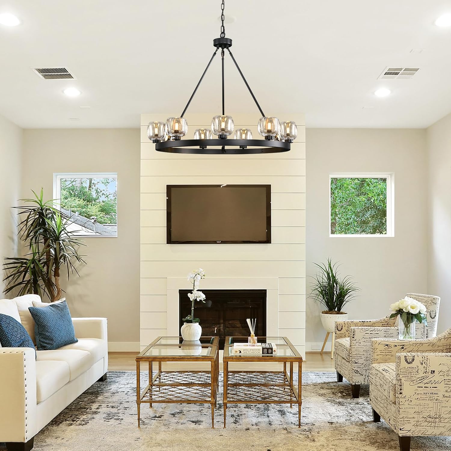 Black Wagon Wheel Chandelier, 36 Inch Black Chandeliers with Unique Glass Shade, 9-Light Crystal Farmhouse Wagon Wheel Chandeliers for Dining Room, Round Chandelier for Living Room, Foyer, Entryway