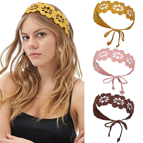 CHLINS Diadema de ganchillo para mujer, 3 piezas de margaritas florales elásticas hechas a mano con ganchillo, diadema de punto bohemio para mujeres