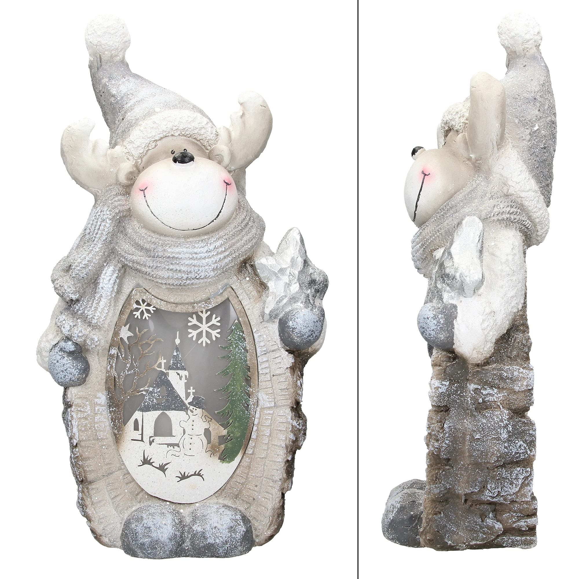 ECD Germany Rentier Figur mit LED Beleuchtung 51 cm Warmweiß Weiß mit grauem Hut und Schal, Holzoptik, Batteriebetrieben, für Innen, LED-Weihnachtsdeko Weihnachtsfigur Weihnachten Tischdeko