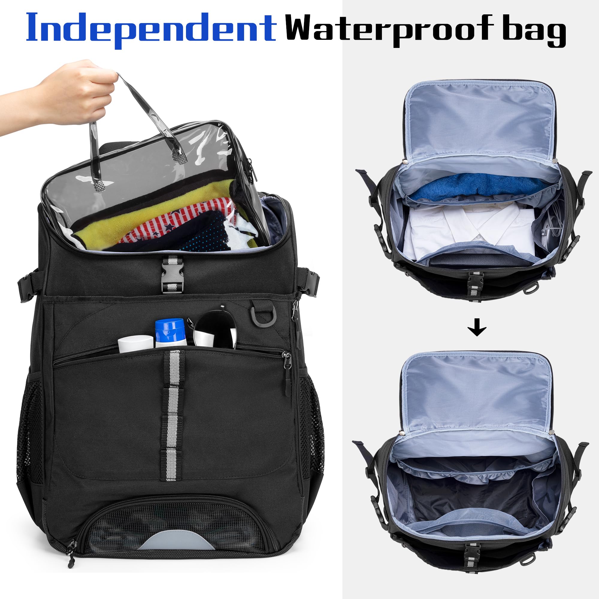 GOBUROS Schwimmrucksack für Männer und Frauen, Schwimmtasche mit zusätzlicher transparenter PVC-Tasche und separatem Schuhraum für Schwimmen, Strand, Fitnessstudio und Trainingsausrüstung