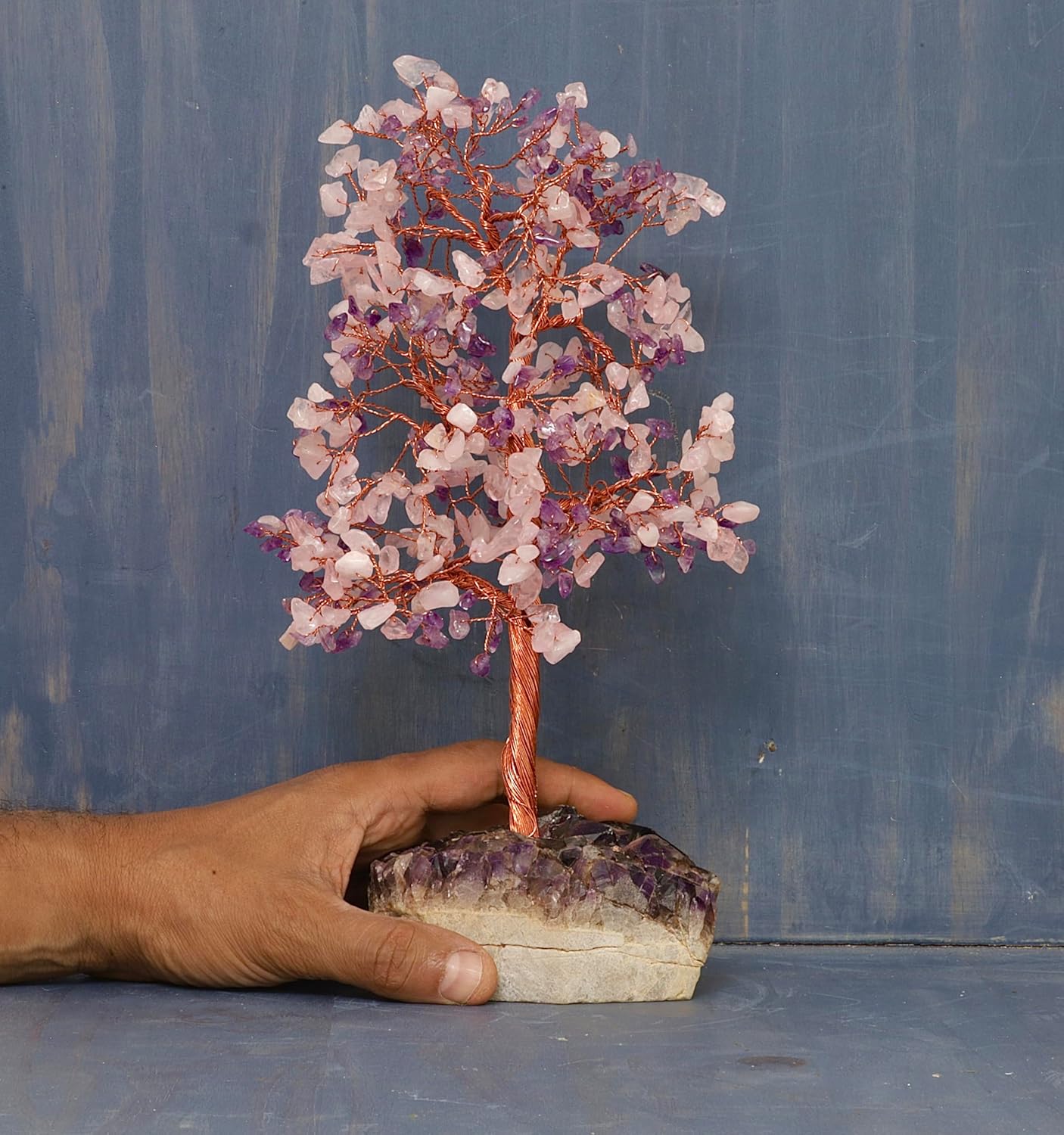 Amethyst and Rose Quartz Tree of Life, Set on Amethyst Cluster Base, February Birthstone. Feng Shui, Bonsai Tree (500 Chips- 11 Inches)
