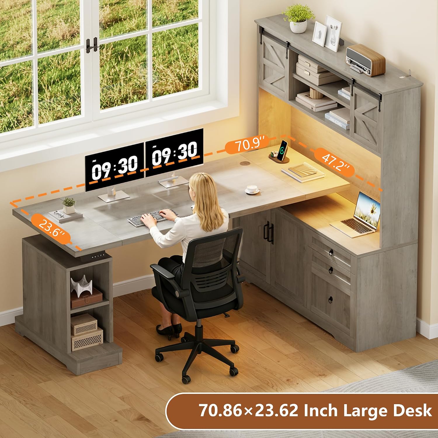 70.86" Farmhouse L Shaped Standing Desk with Hutch Electric Height Adjustable Desk with Storage Corner Computer Desk with File Drawer Power Outlets LED Gaming Desk with Sliding Door, Grey