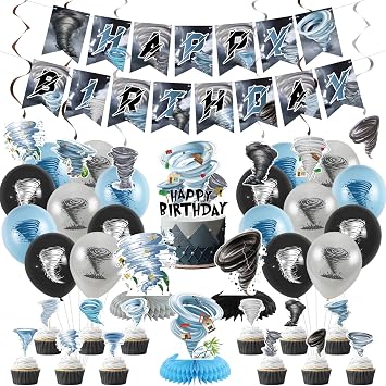 Tornado Birthday Party Decorations - Tornado Party Supplies including Happy Birthday Banner, Spirals, Cake Toppers, Table Centerpieces, Balloons, Tablecloth LQ