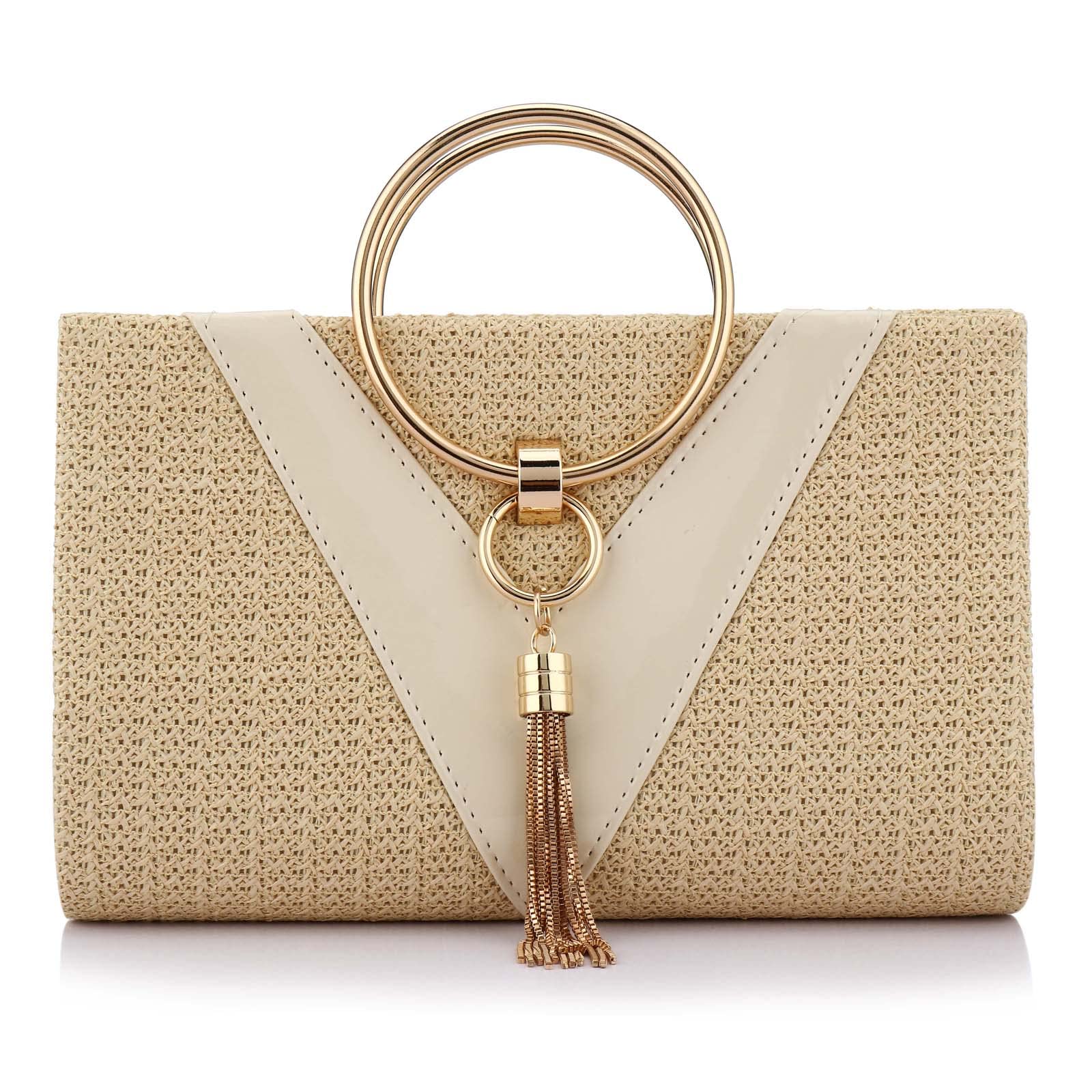 Women Straw Bag Crossbody Clutch Evening Clutch Purse Beach Shoulder Handbag (white A)