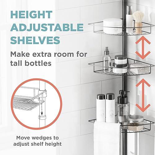 Miniatura 4 de Zenna Home Organizador de ducha con barra de tensión, 4 estantes con toalleros integrados, ajustable, de 60 a 97 pulgadas, negro mate