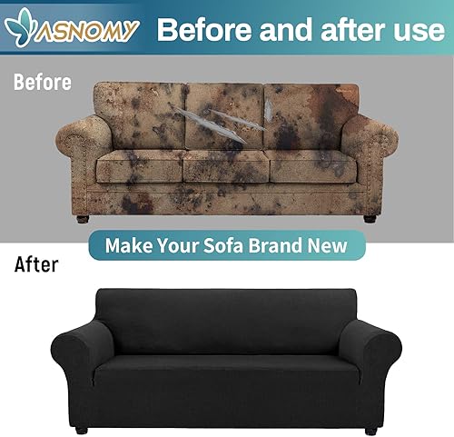 Vista 6 de Asnomy Couch Covers for 3 Cushion Couch Stretch Sofa Covers Slipcovers, Pet Protector Furniture Covers for Dogs Cats Spandex Jacquard Fabric Small