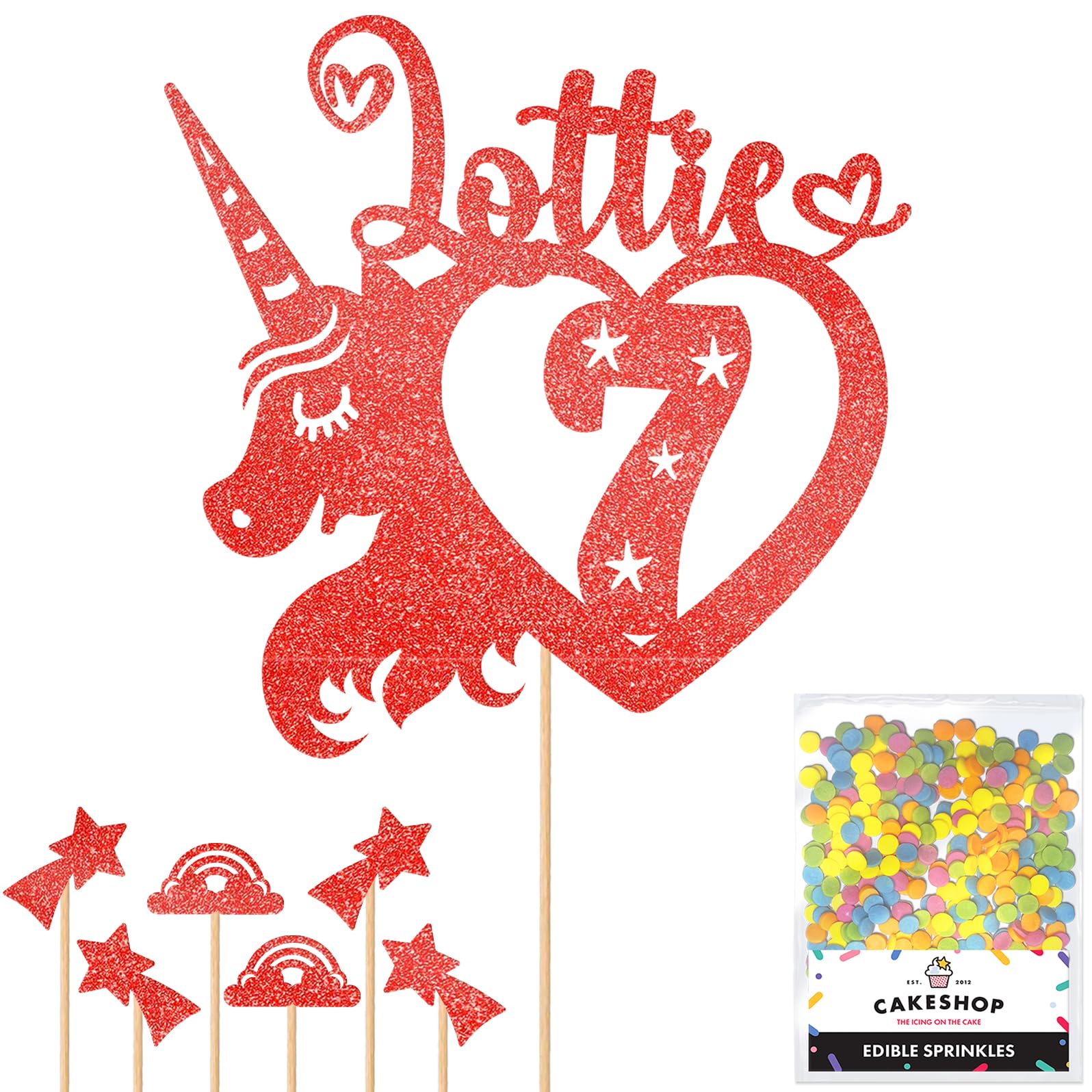 Personalised Unicorn Heart Glitter Cake Topper- Red Any Custom Age & Name Glitter Cake Decoration and Sprinkles - Happy Birthday Decorations - Personalised Toppers for Cakes by Cakeshop