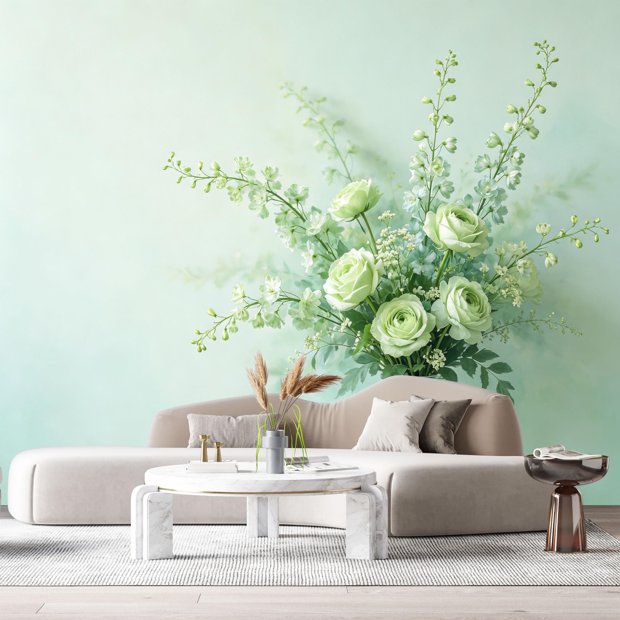 Custom Size Wall Murals Botanical Green Rose Floral Watercolor Vase Arrangement SelfAdhesive Wall Fabric Removable Large Wallpaper for Photo Living Room