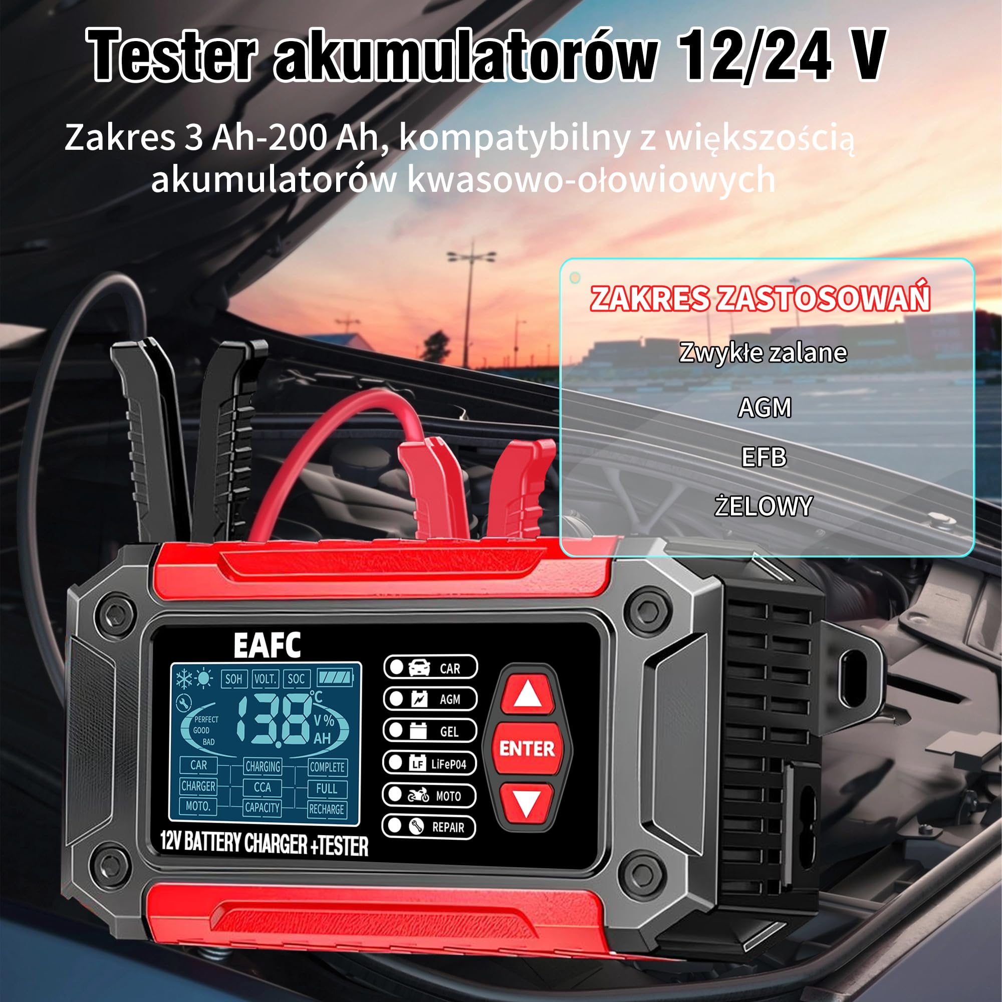 12 V ładowarka do akumulatora samochodowego, 6 A, tester baterii 100 – 2000 CCA 4 – 120 Ah, ładowarka do akumulatorów, analizator, kompatybilna z ołowiem 12 V, AGM, żelem, do samochodu, SUV, motocykla