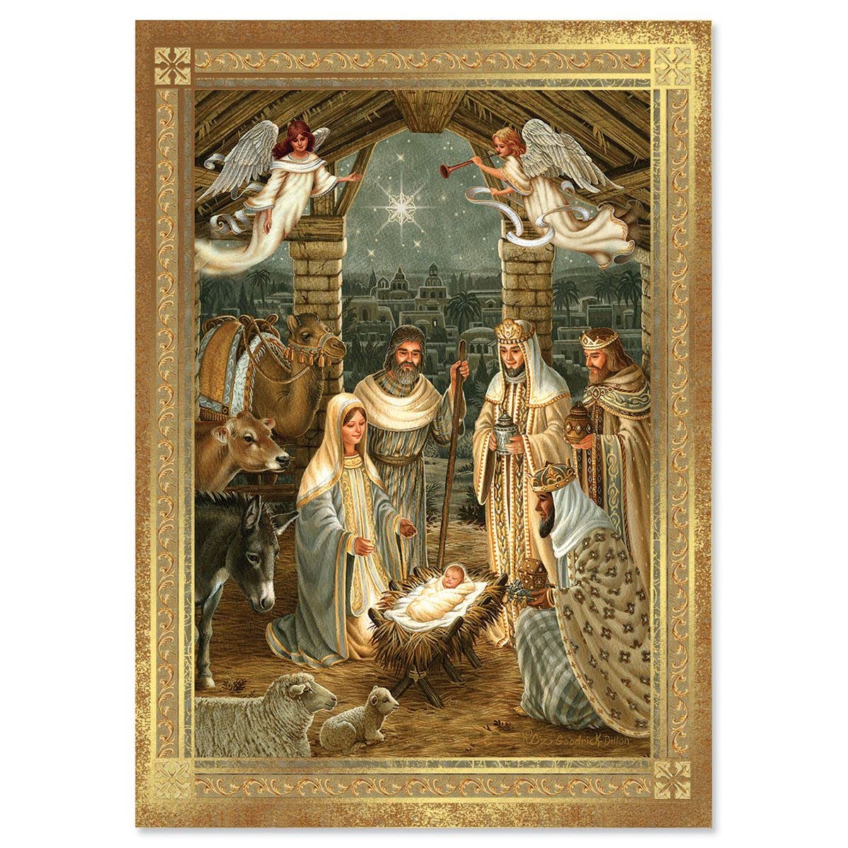 Current Golden Nativity Deluxe Foil Religious Christmas Cards with Envelopes - Set of 14, Large 5" x 7" Folded Cards, Sentiments Inside, Holiday