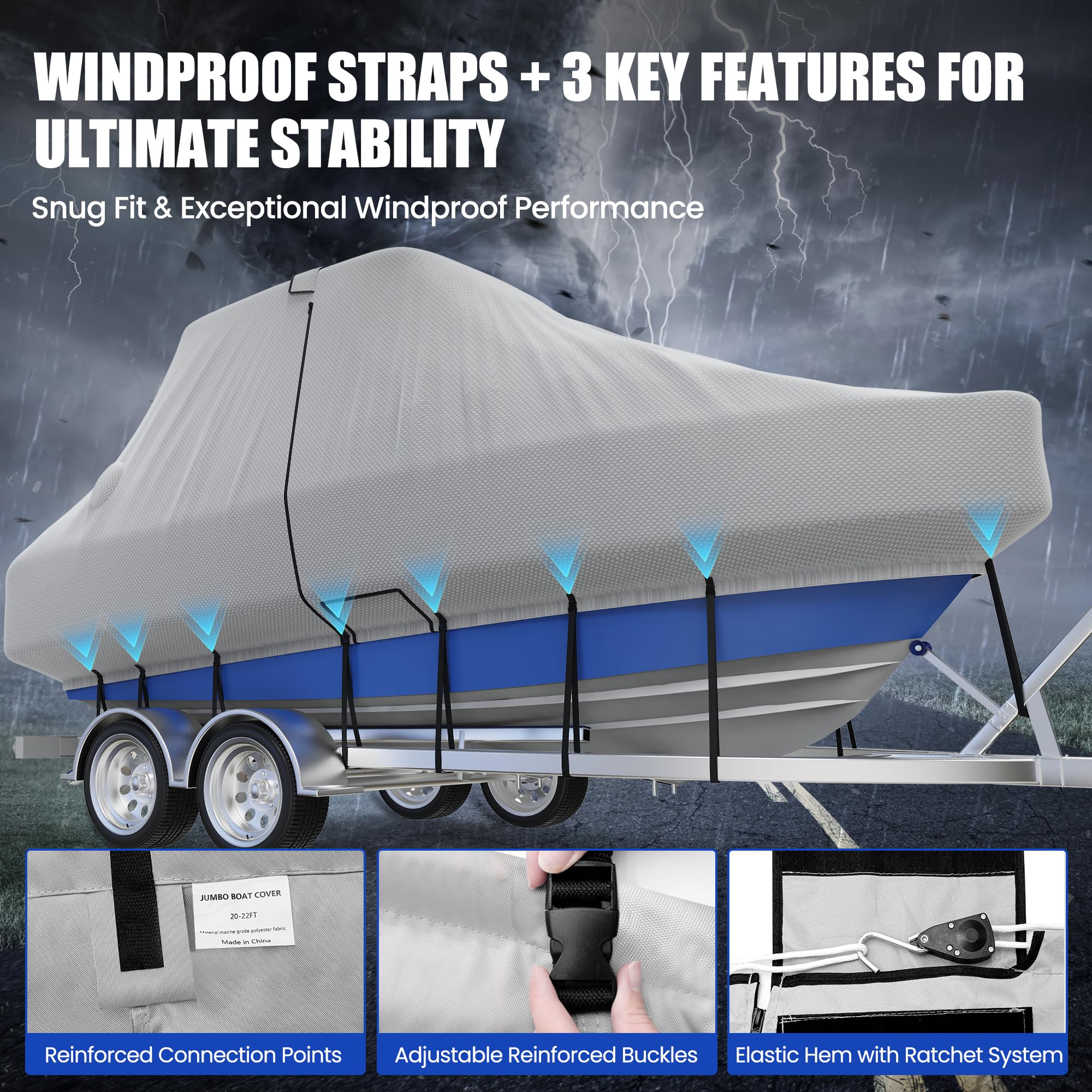 Bootsabdeckung für Mittelkonsole 24-26 Fuß, Trailerbare Bootsabdeckung für T-Top/Hardtop, strapazierfähige wasserdichte Bootsabdeckungen aus Oxford in Marinequalität, Reißverschluss auf beiden Seiten