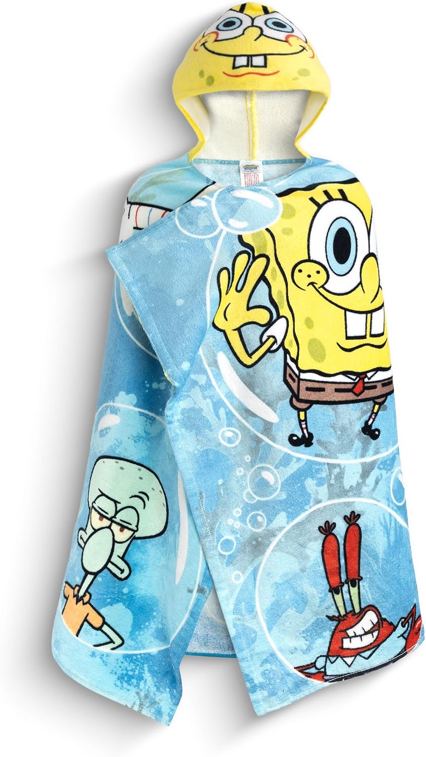 SPONGEBOB SQUAREPANTS Boys Yellow & Blue Hooded Poncho Towel | Patrick Star Squidward Mr Krabs | Poolside Beachwear