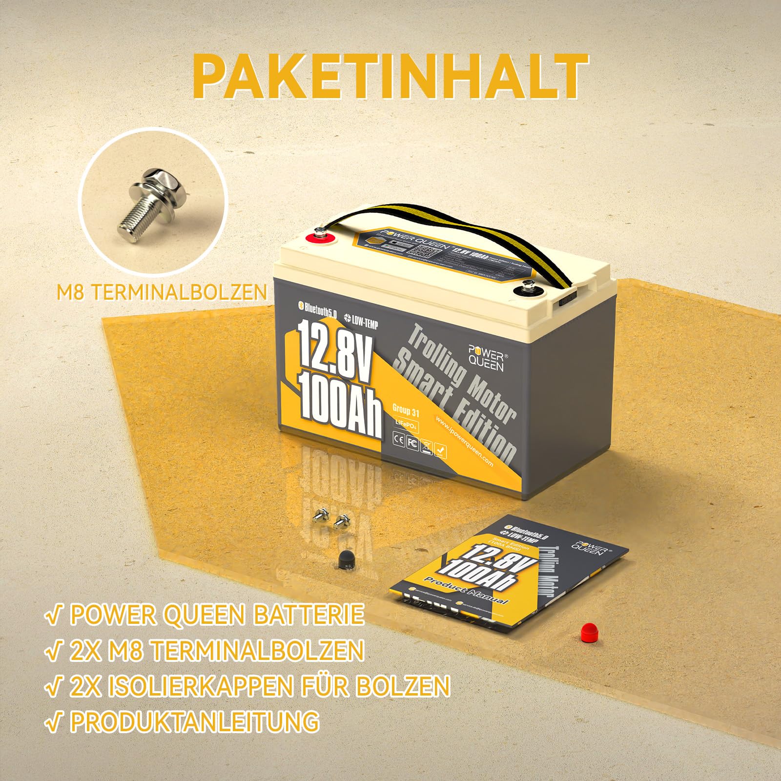 Power Queen LiFePO4 12V 100Ah Bluetooth Batterie, mit Tieftemperaturschutz und 100A BMS, Max. 15000 Zyklens,1280Wh Lithium Batterie geeignet für Trolling-Motoren, Boot