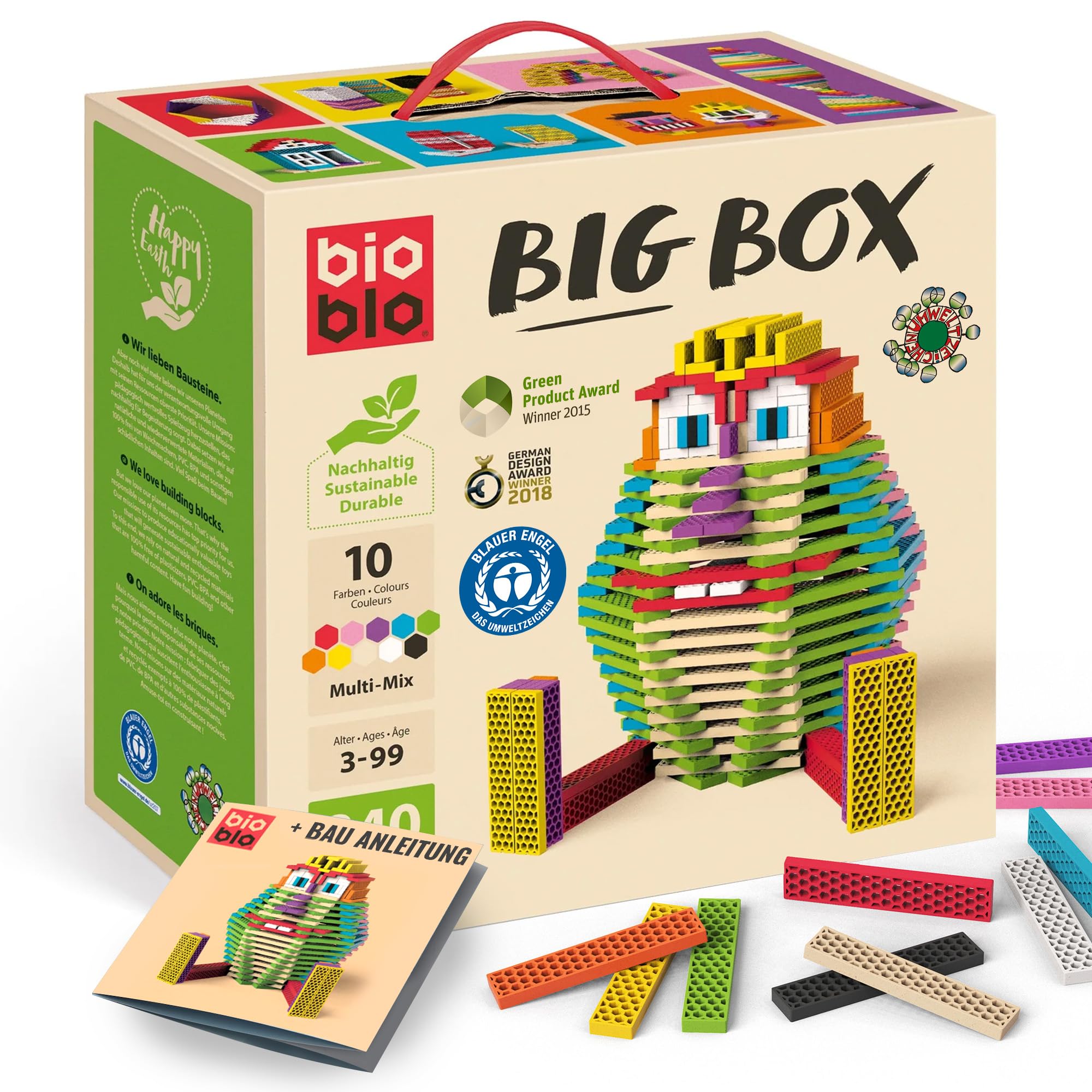 bioblo Big Box Multi Mix mit 340 Stück, Nachhaltige Bunte Bauklötze für Kinder ab 3 Jahren, Holzbausteine Kinderspielzeug, STEM Montessori-Spielzeug für Stapel- & Balancierspiele