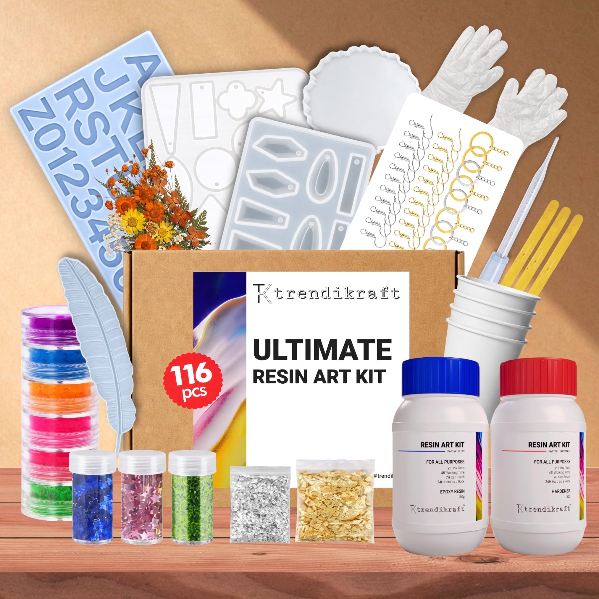 116pcs Ultimate All-in-One Resin Art Kit with 5 Silicone Moulds Dried Flowers Epoxy Raisin Materials for Making Alphabet Pendant Keychain Earrings Bookmarks & 4" Coaster for DIY Beginners-image-32