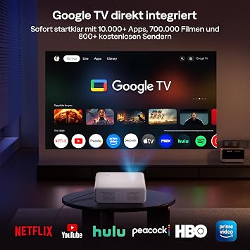Aurzen Eazze D1G Projector with Official Google TV Smart Projector 4K Supports Full HD 1080P DoIby Audio Auto Focus & Keystone Correction WiFi Bluetooth Home Cinema & Outdoor Projector White