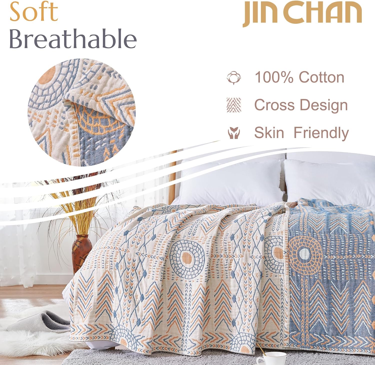 jinchan Boho 100% Cotton Muslin Queen Size 80x90 Throw Blanket Lightweight 4-Layer Orange Reversible Blanket Washable Breathable Geometric Striped Pattern Soft Comfy for Couch Bed Decor All Seasons - Image 2