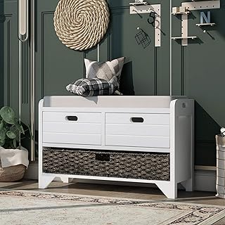 Wood Storage Bench with 1 Removable Basket and 2 Drawers,Fully Assembled...