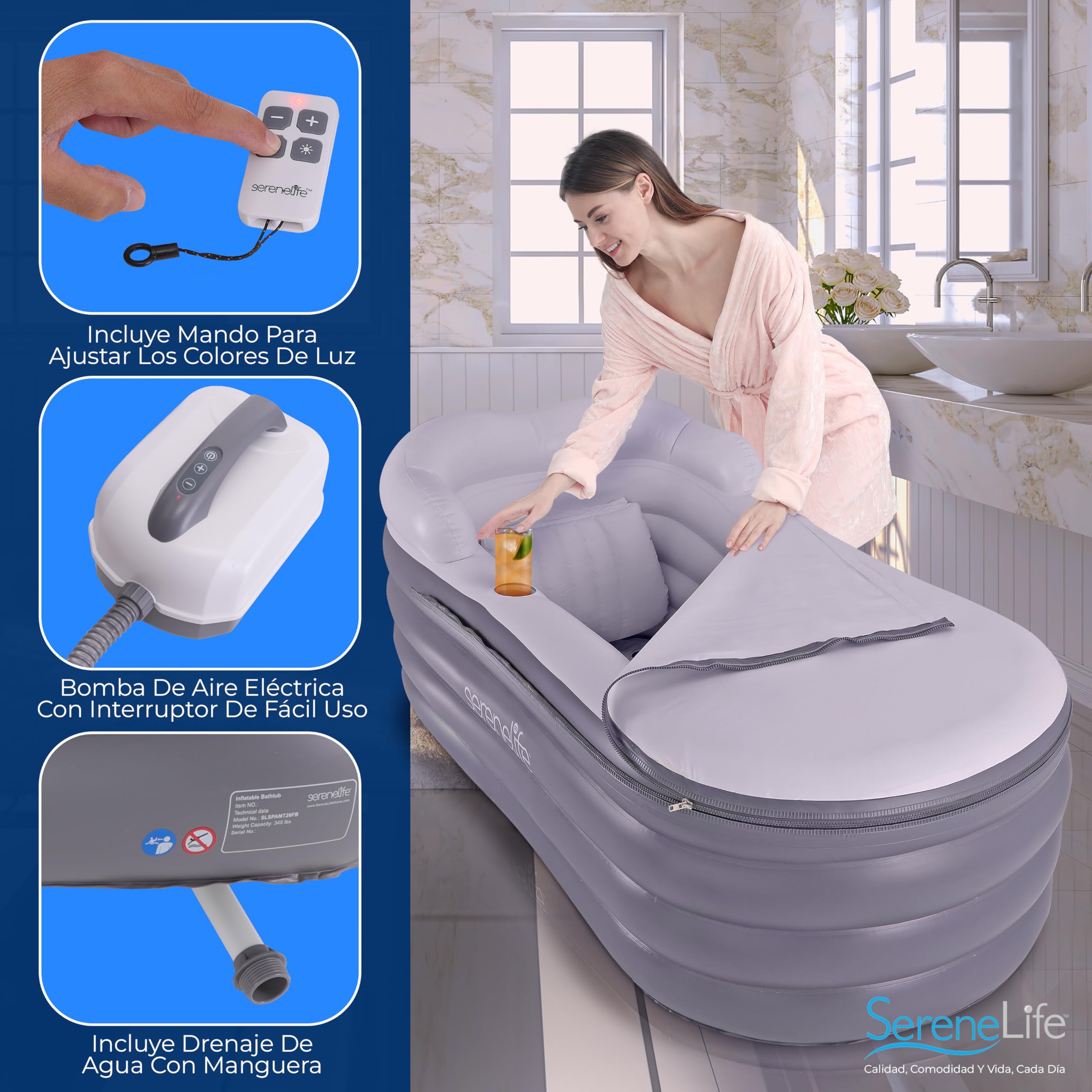 SereneLife bañera hinchable adulto, Con respaldo y reposabrazos, Inflable, Con hidromasaje y colchoneta de burbujas, Incluye cojin, Portavasos y mando para luces LED