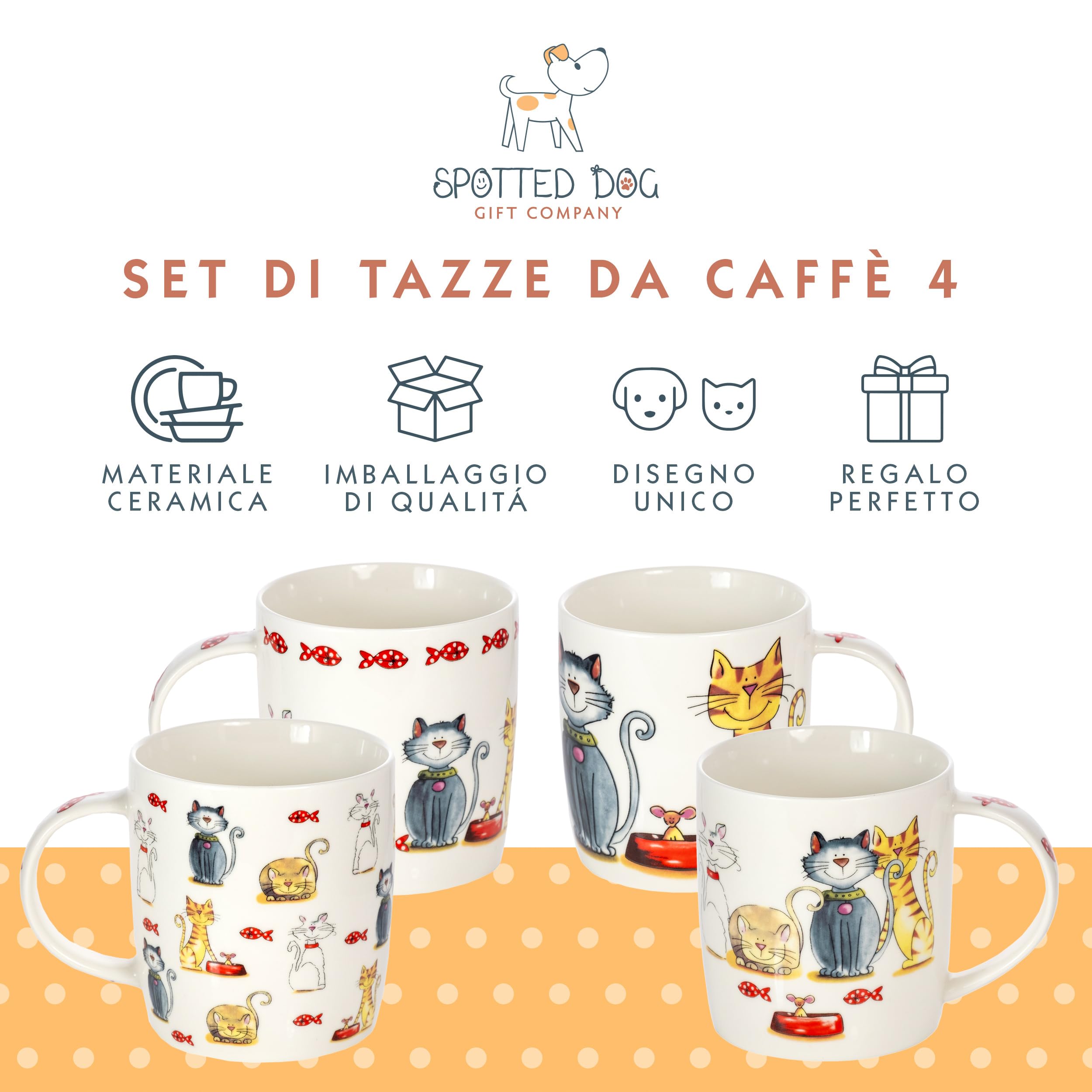 Set di 4 Tazze Gatto da Caffè in Ceramica 350 ml per Caffè e Tè, Regalo per Gattara