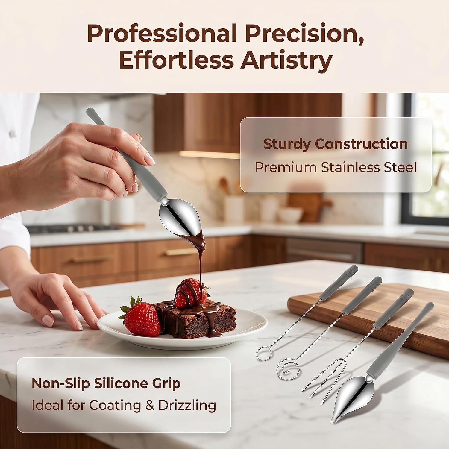5 Piece Chocolate Dipping Tool Set, Stainless Steel Candy Dipping Forks and Decorating Spoons, Candy Making Supplies for Chocolate, Cake Pops, Fruit, Dessert Drizzling and Decorative Plating