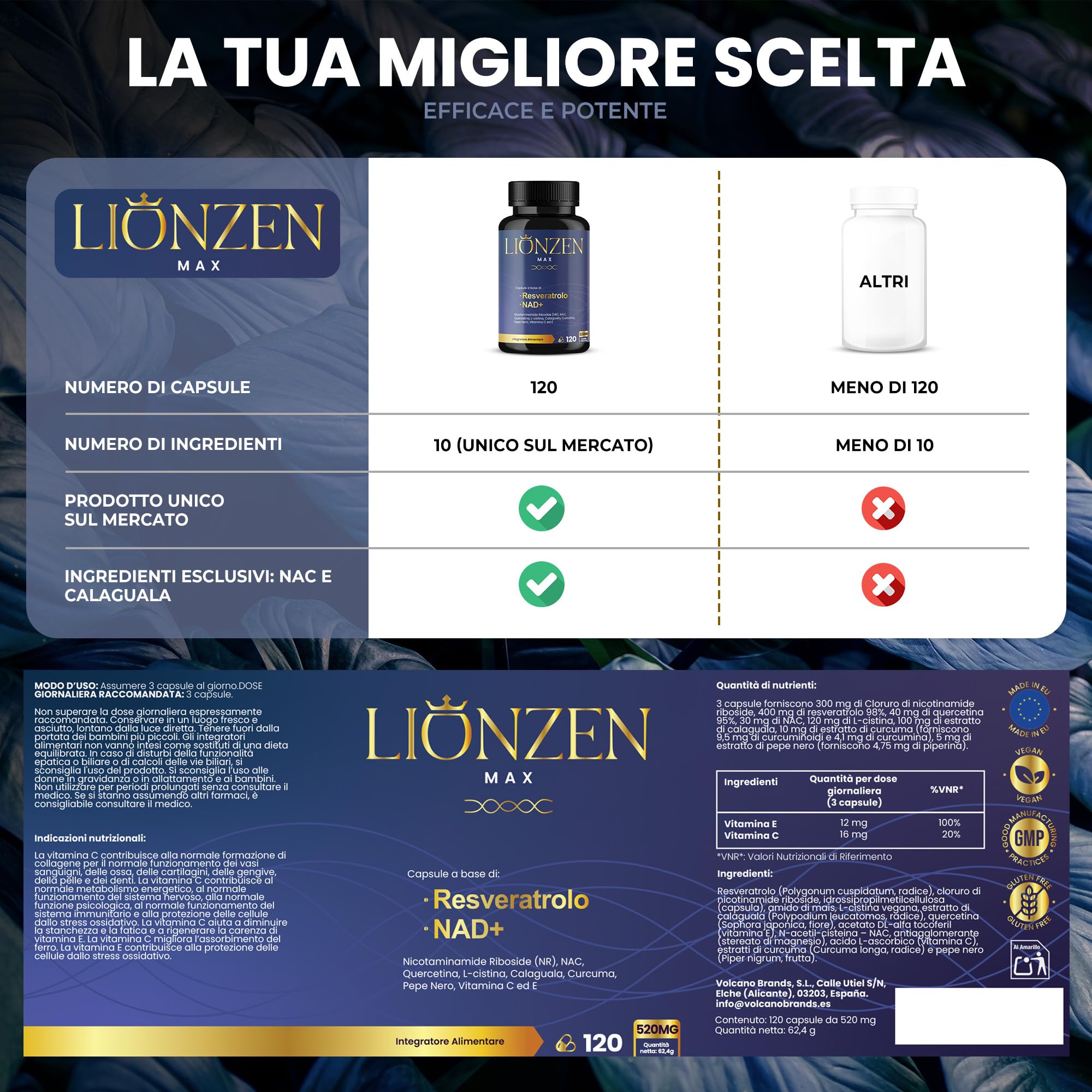 NAD+ Trans-Resveratrolo puro con 10 ingredienti anti-età | 1000 mg | Energia cellulare, longevità, vitalità | Nicotinamide Riboside, Quercetina, NAC, Curcuma, Pepe Nero | Lionzen Max