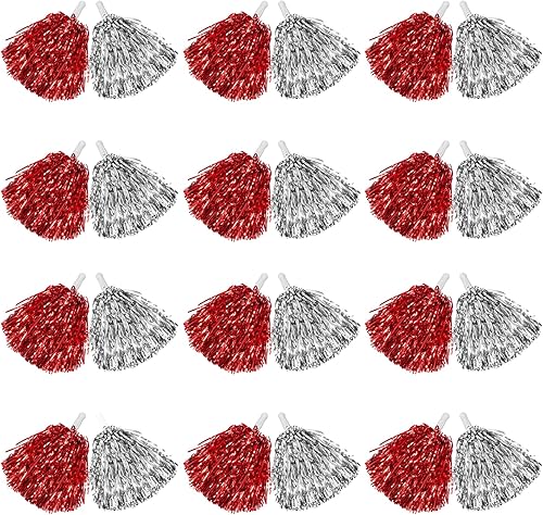 DILIBRA 24 pompones metálicos de animadora para niños, pompones de animadora con mango de bastón, flores de mano de escuadrón de animadoras para