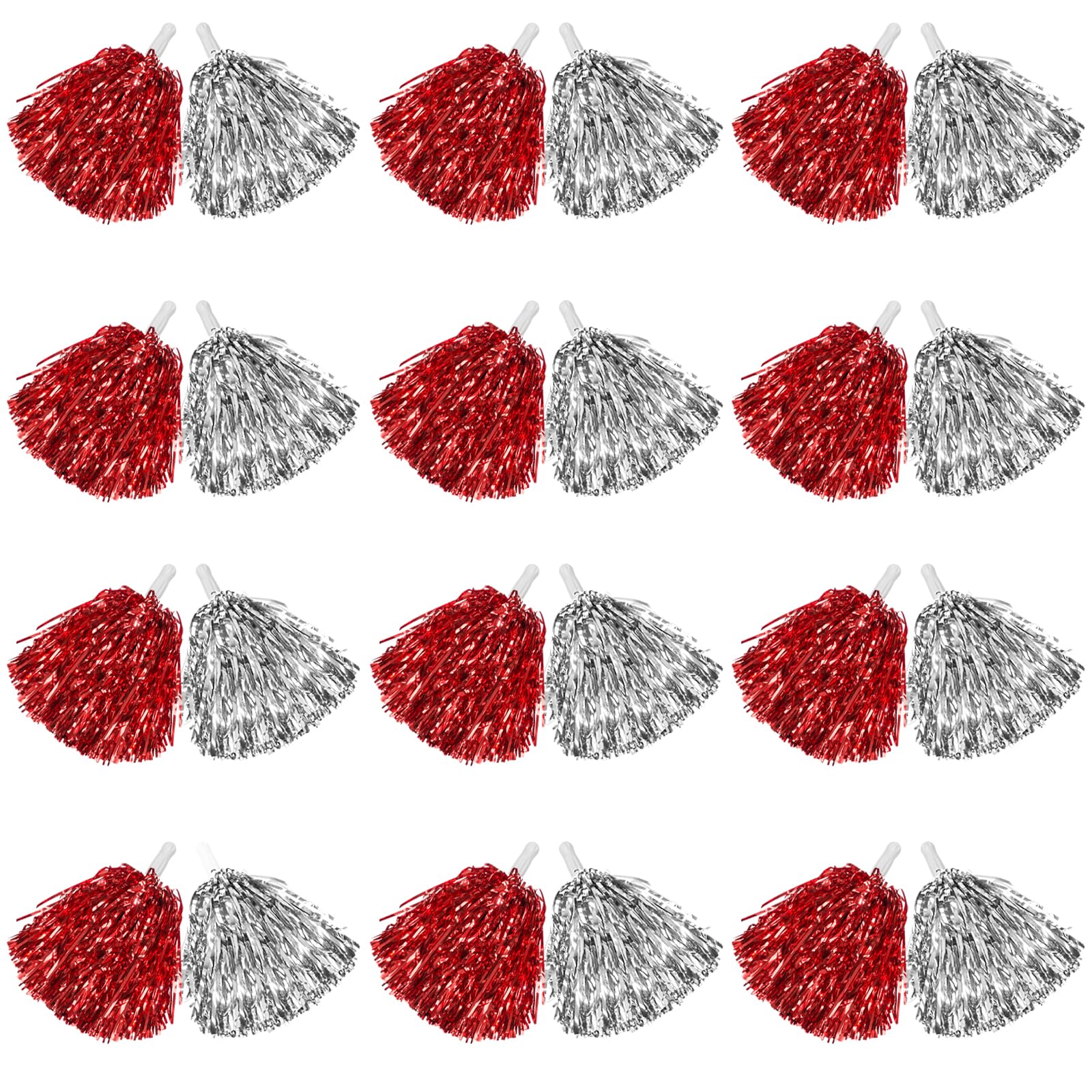 DILIBRA 24 Pcs Metallic Cheerleading Pom Poms with Baton Handle (Sliver+Red