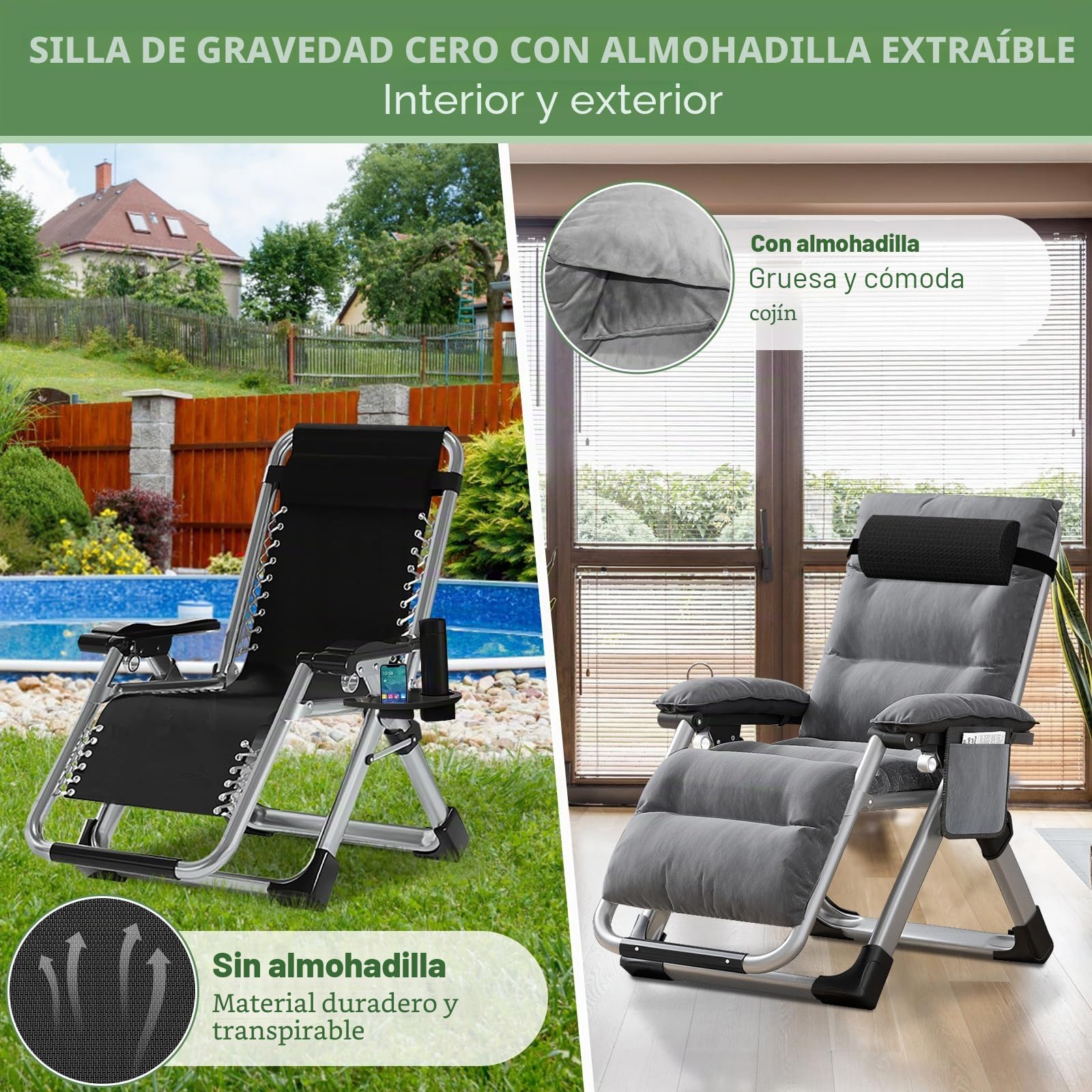 Tumbona Ryuhic para jardín, silla de gravedad cero ajustable, resistente con cojín y reposacabezas, bolsillo, soporta 200 kg, sillas reclinables plegables