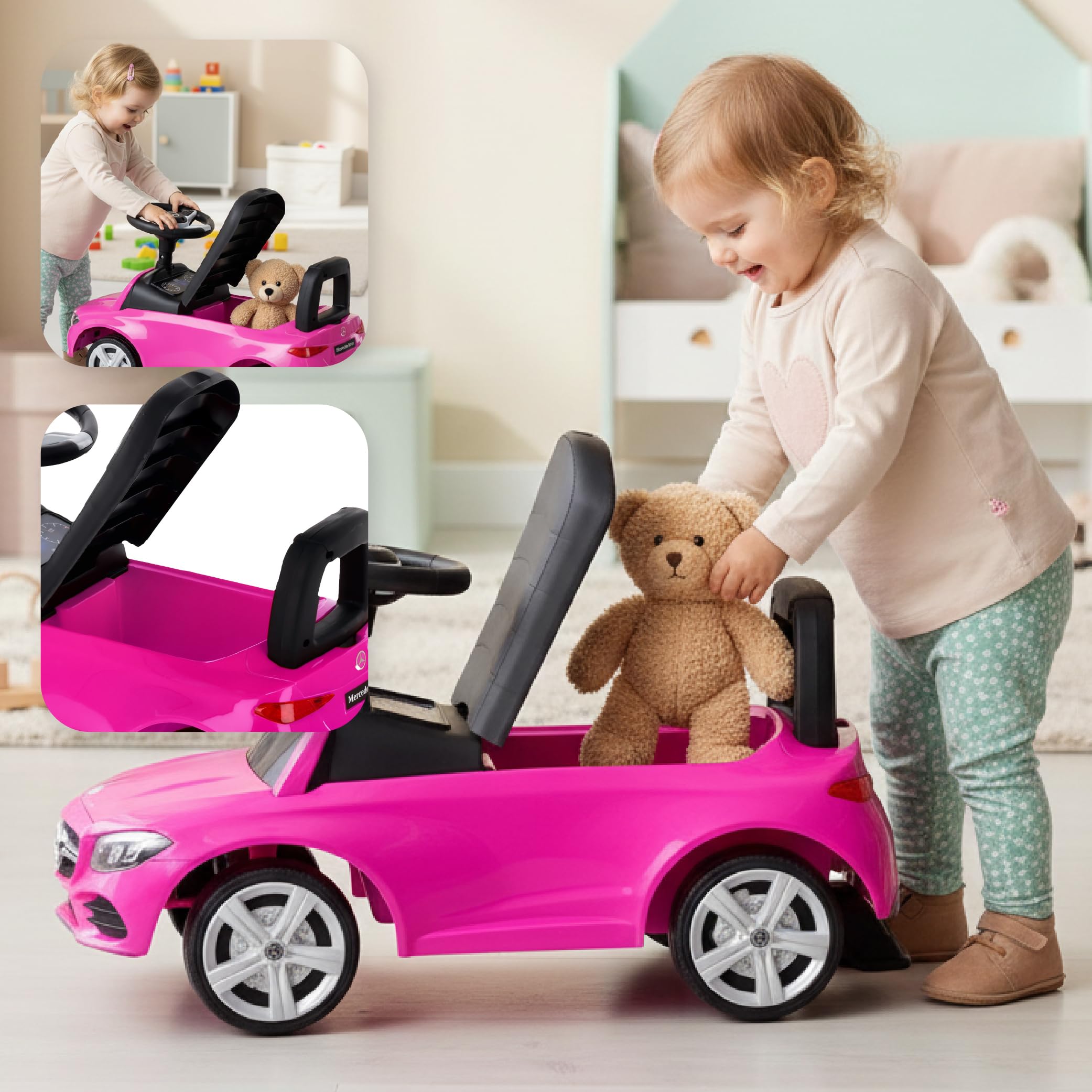 sun baby Rutschauto ab 1 Jahr Mercedes C-Class, Kinderfahrzeug für Jungen und Mädchen mit Audio-Lenkrad, Ablagefach, Kippschutz (Rosa)