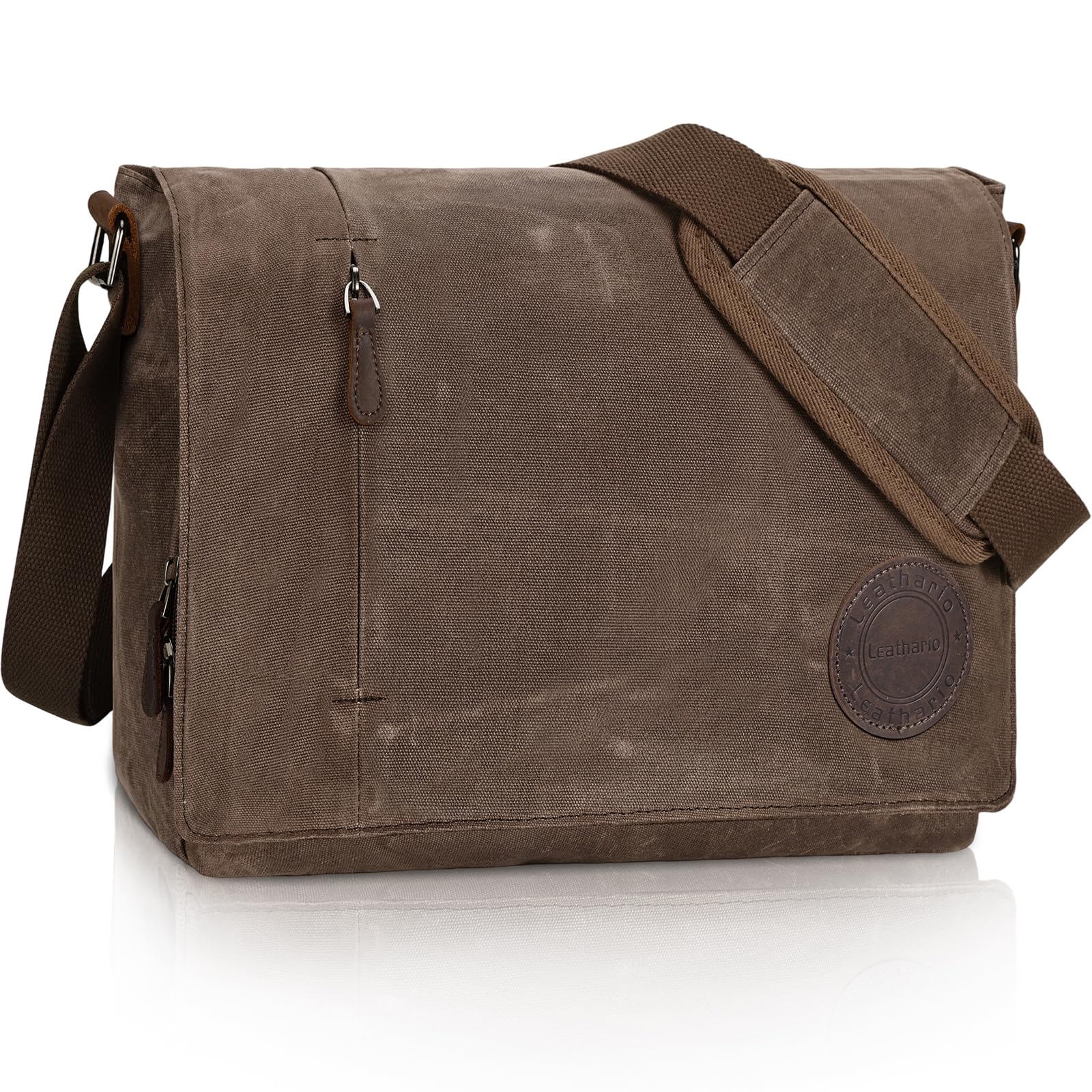 Leathario Borsa a Tracolla Uomo per Laptop 14 Pollici, Modello Messenger in Pelle Vera e Tela per Lavoro, Università e Scuola, Marrone