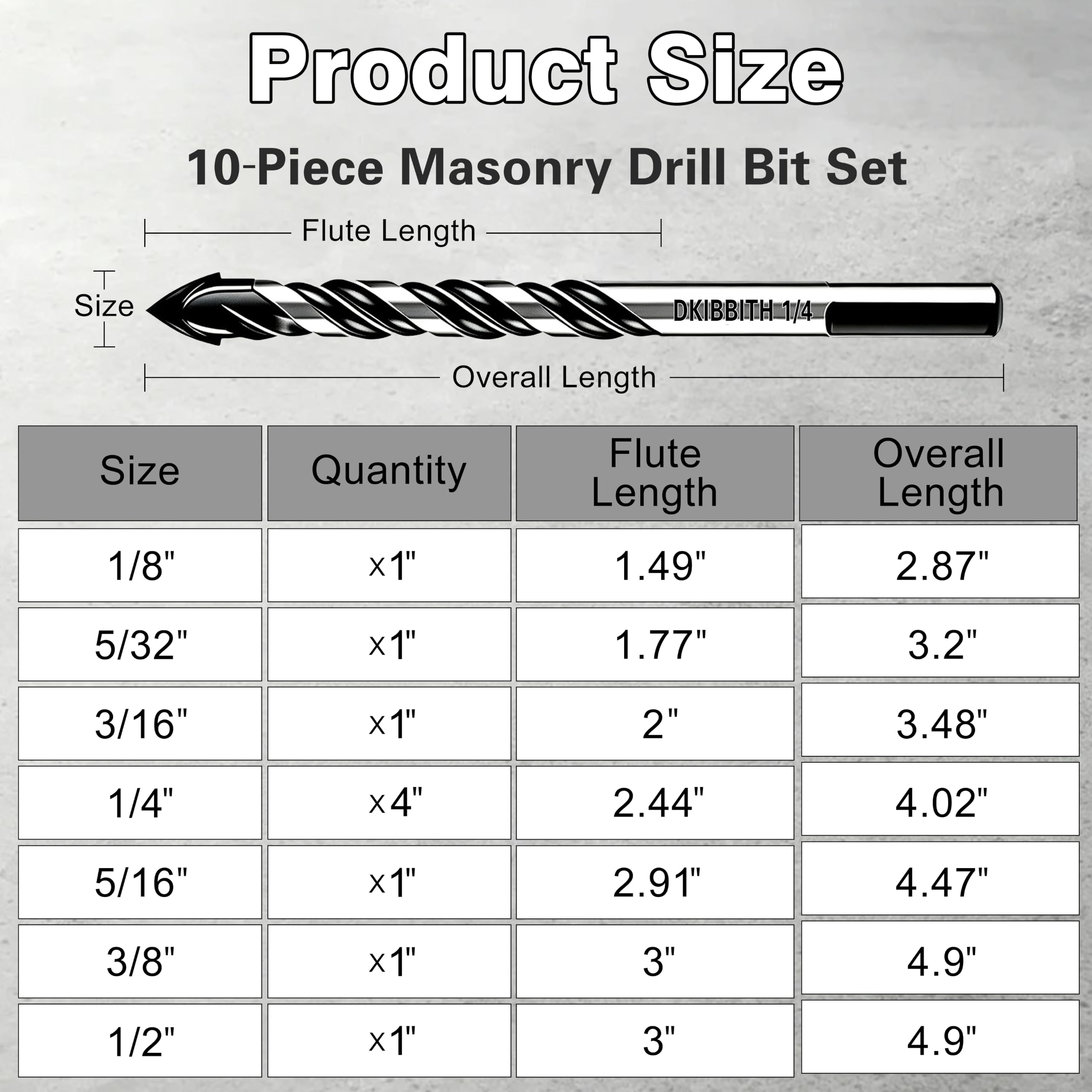 Masonry Drill Bit Set - 10 Piece for Concrete & Tile -2