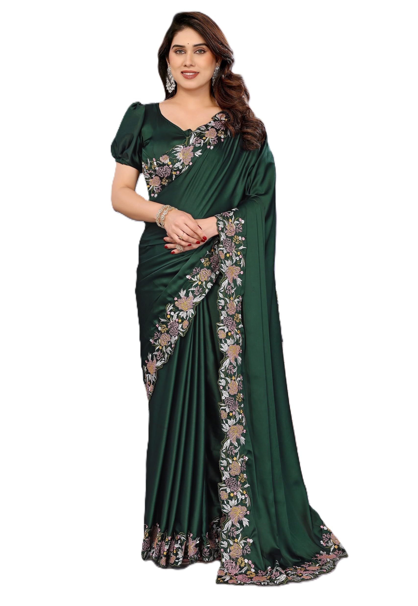 Women's Satin Embroidery Work Saree With Unstitched Blouse Piece-image-39