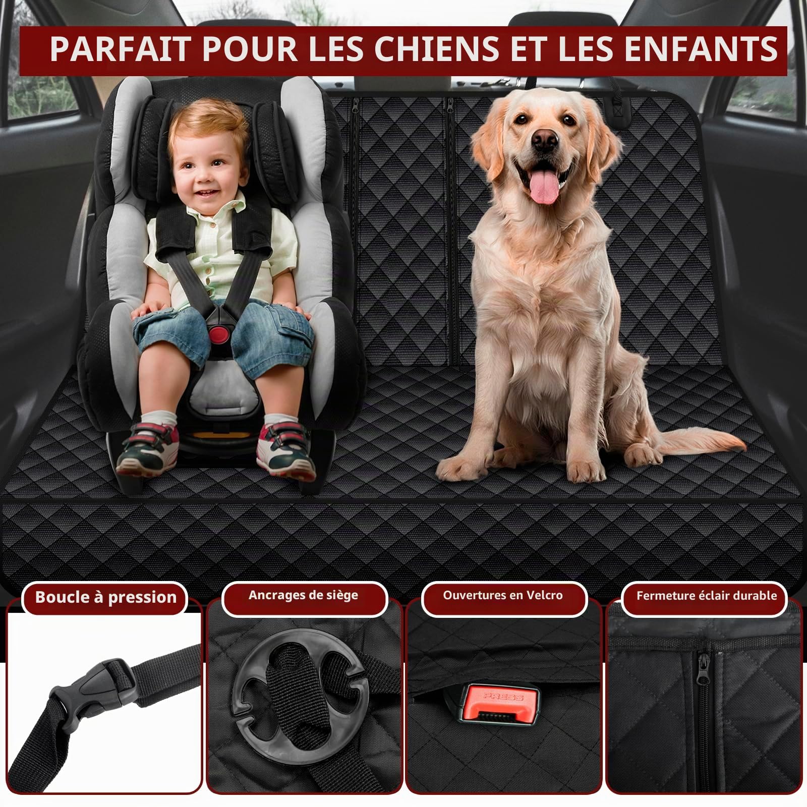 Housse de siège de voiture pour chien VAGCARS, imperméable, résistante aux rayures, avec 1 laisse élastique pour chien, 135x118 cm, Housse universelle pour siège arrière de voiture pour camions