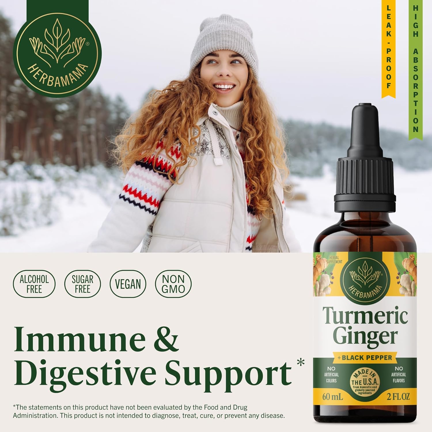 HERBAMAMA Turmeric Curcumin and Ginger Supplement - Vegan Immune Blend with Liquid Ginger Root,Turmeric & Black Pepper Extract - Non-GMO, Alcohol & Sugar-Free Immunity Drops