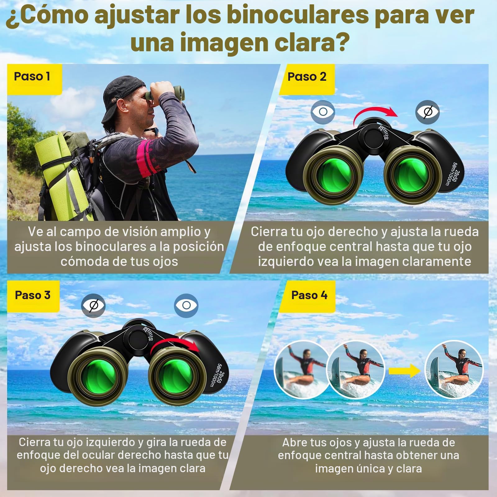 Prismáticos 20x50 para Adultos con visión Nocturna Prismáticos HD Impermeables con Prisma BAK4 y Lente FMC Telescópicos Portátiles para Observación de Aves y Conciertos con Adaptador para Smartphone