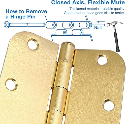 Miniatura 10 de Paquete de 18 bisagras de puerta para puertas interiores, bisagras de 3 12 puertas, 3.5 pulgadas, 58 pulgadas, bisagras redondeadas de latón pulido,