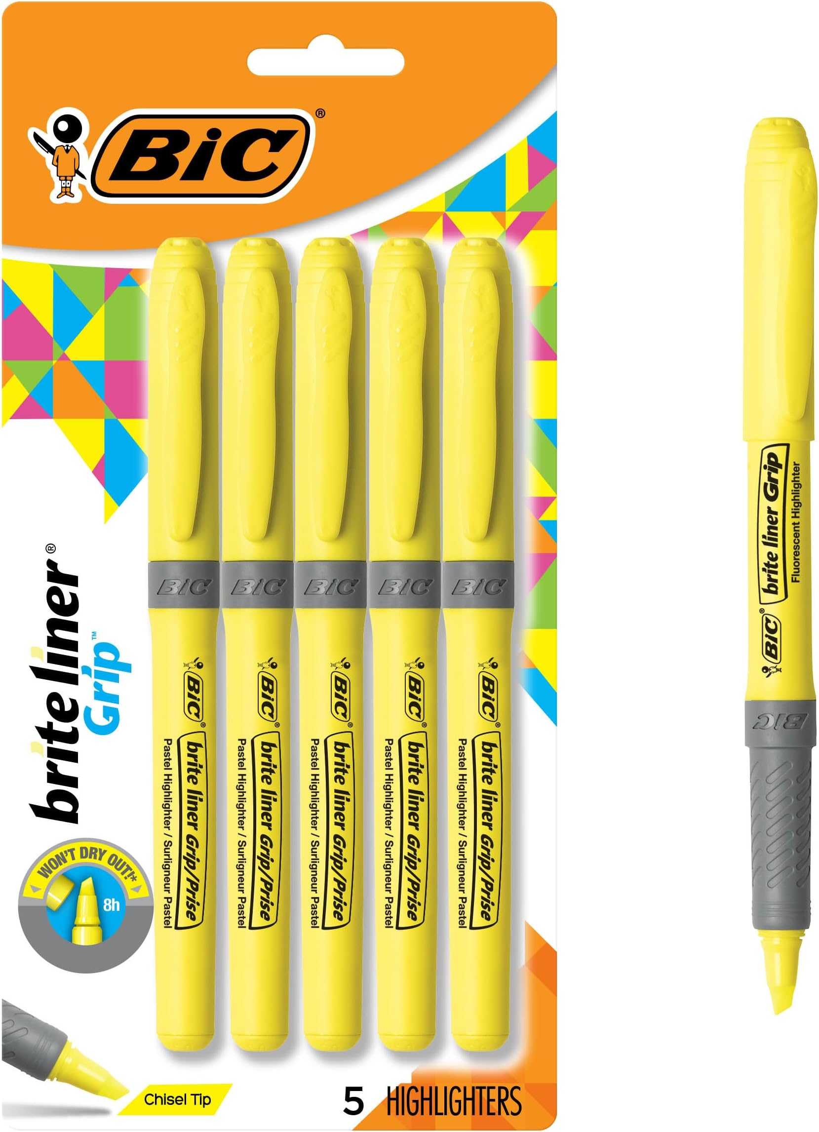 BIC Brite Liner Grip Highlighters, Chisel Tip, 5-Count Pack of Highlighters, Yellow, Ideal Highlighter Set for Organizing and Coloring