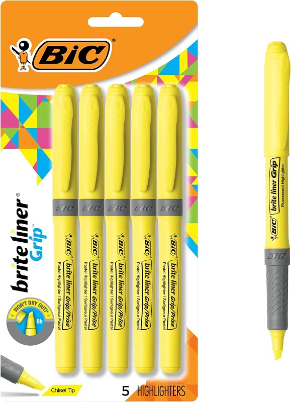 BIC Brite Liner Grip Highlighters, Chisel Tip, 5-Count Pack, Yellow