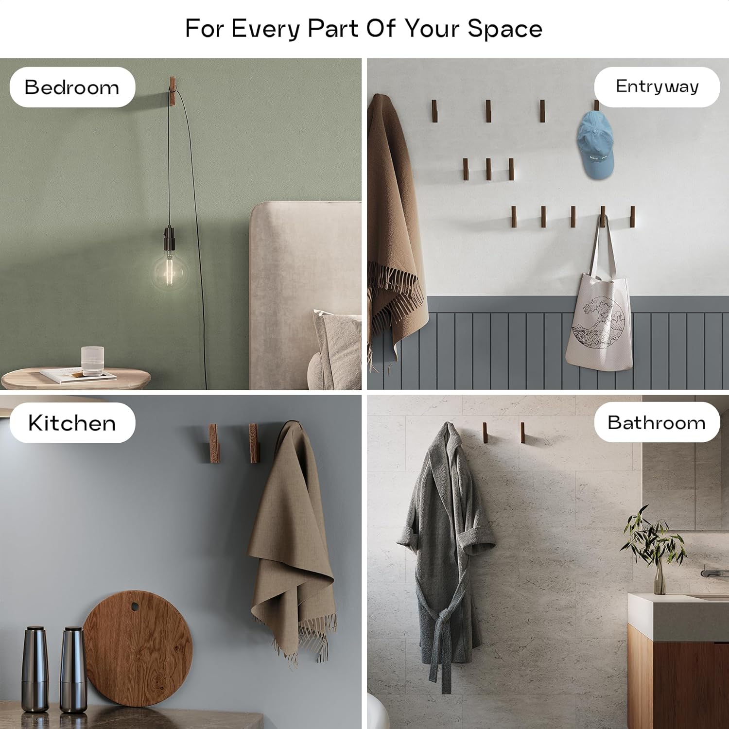 Wall Hooks - Set of 4 - Dark Walnut or Light Ash Wood Coat Hooks for Hanging Hat, Purse, Backpack, Bag, Jacket. Modern Farmhouse Decor for Wall and Practical Entryway Hooks (Walnut Wood) - Image 6