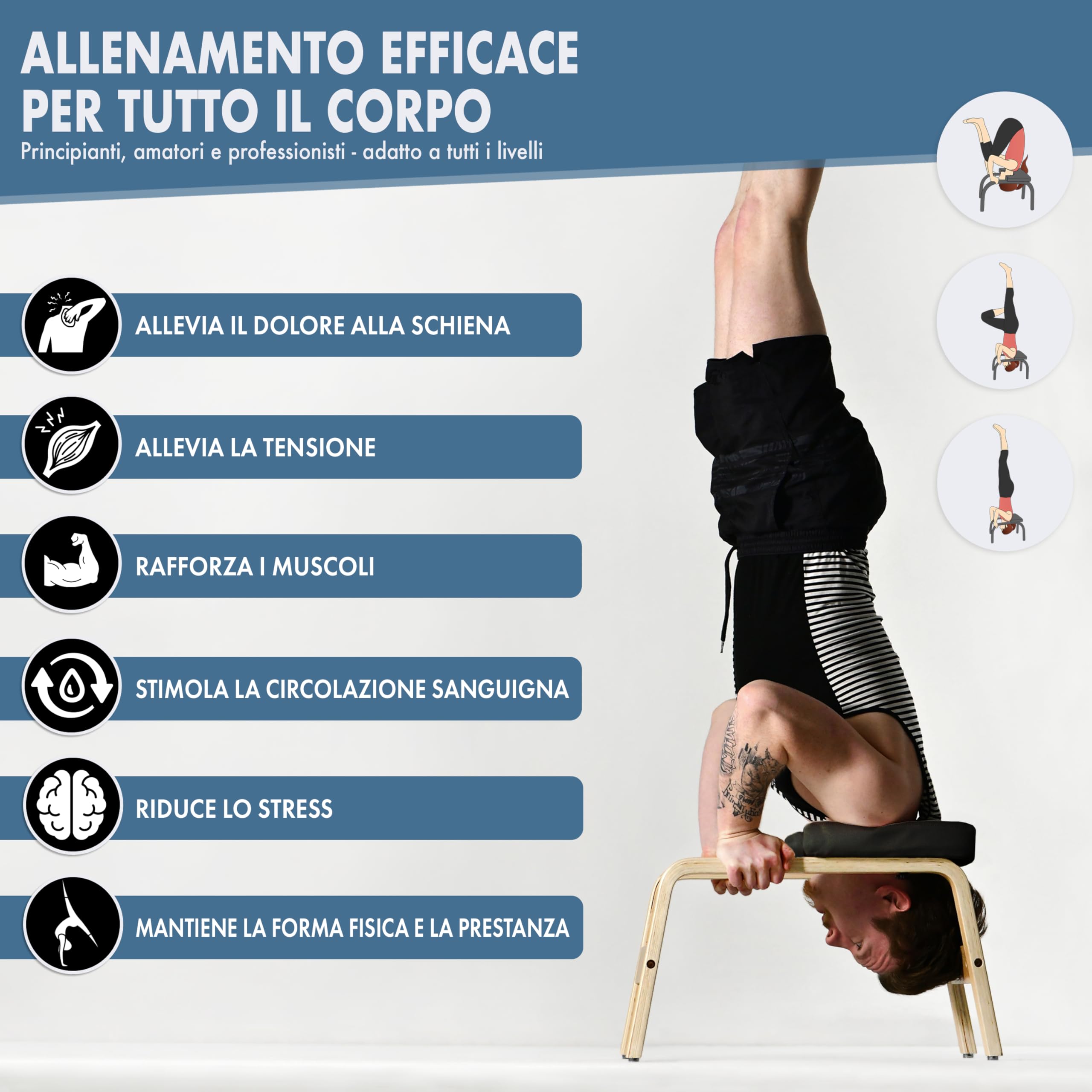 VALENESS® Sgabello Yoga per Verticali - Sgabello Yoga Headstand con Fascia, Poster e Blocco Esercizi - Seduta Yoga per Esercizi Headstand in Legno Massiccio - Attrezzatura e Accessori Yoga a Casa