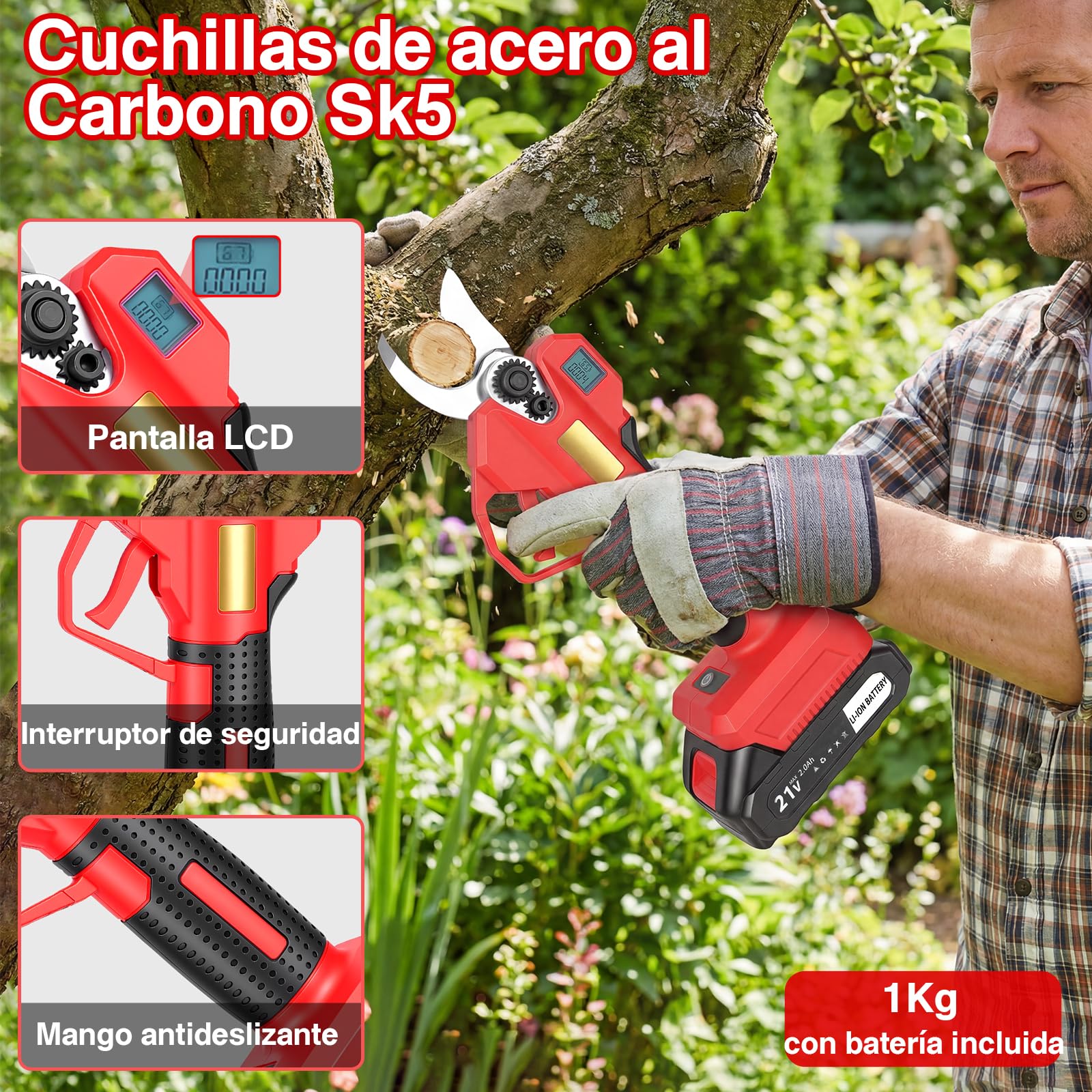 Tijeras de Podar Electricas, SK5 Tijeras de Poda de 40 mm con Pantalla LCD, con Baterías 2x2000mAh para Jardinería, Árboles Frutales, Viñedos y Granja