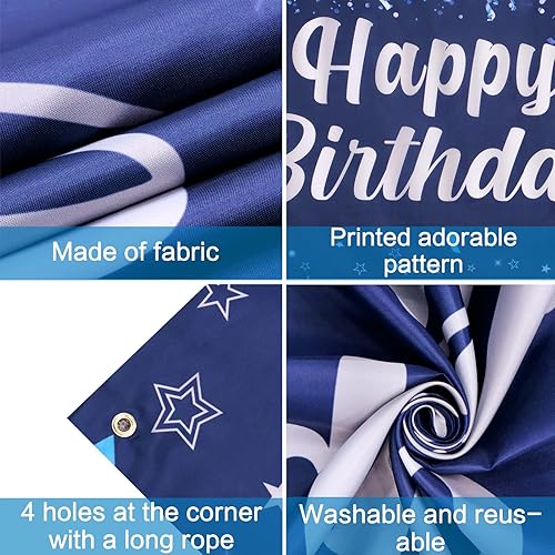 Miniatura 6 de Trgowaul Cartel de feliz cumpleaños, decoración de fiesta de cumpleaños azul y plateado, suministros de fiesta para hombres, mujeres y niños, fondo