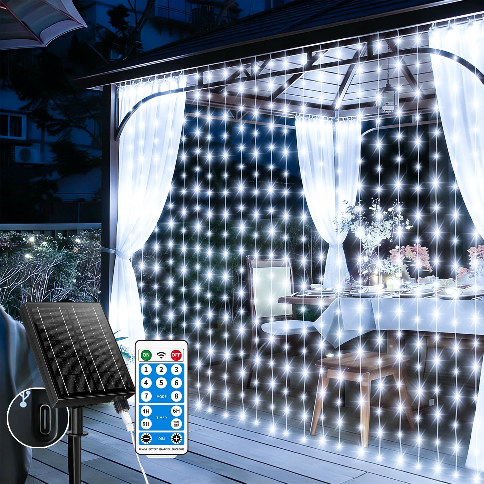GCMacau Ghirlanda di luci a energia solare,6x3M 600LED Impermeabile Tenda Luminosa Natale,Con 8 Modalità &Timer e Memoria Cascata Luci Adatto alla