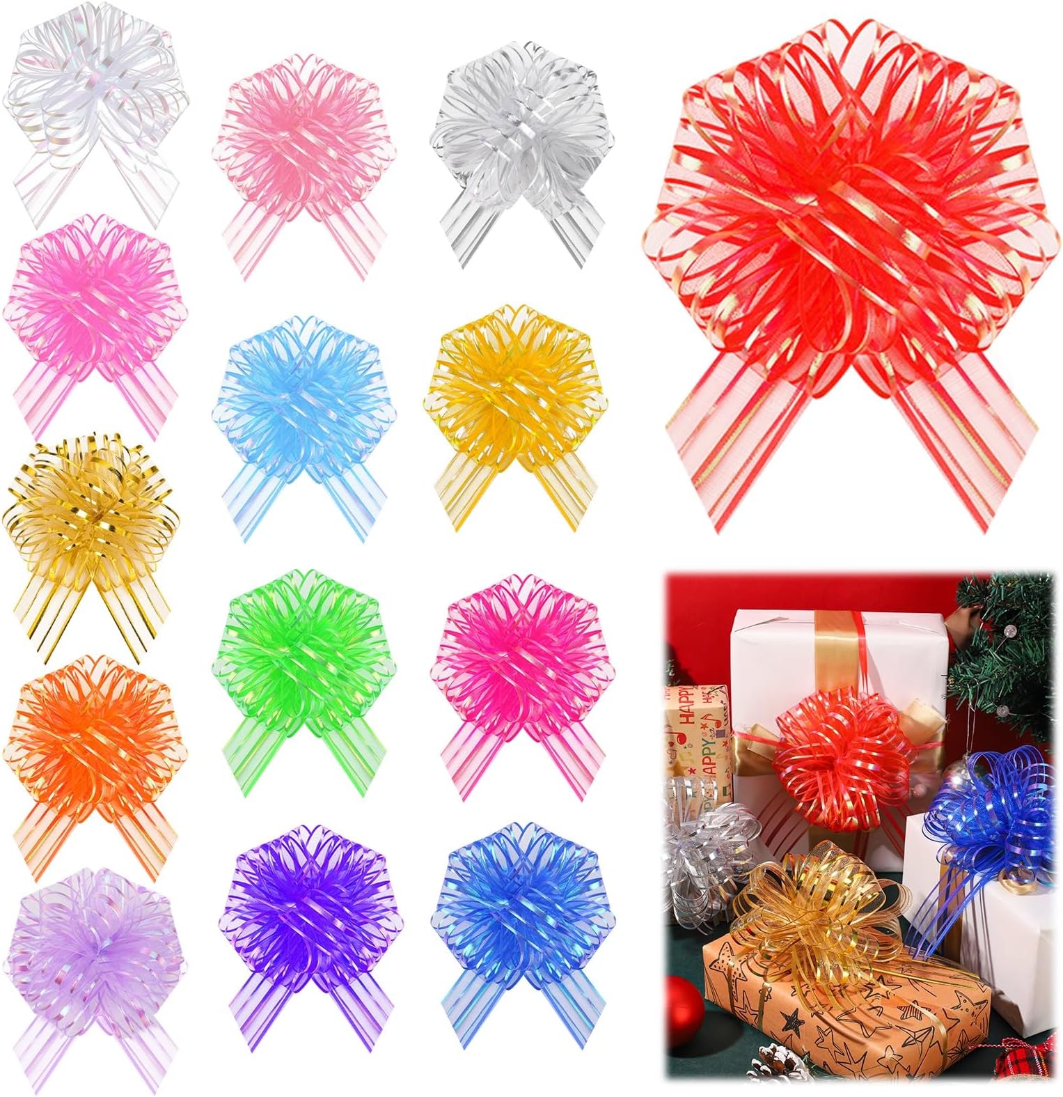 14 Pcs Large Organza Pull Bows, 6 Inch Mixed Color Ribbon Bows for Flower Presents Basket Birthday Wedding Festival